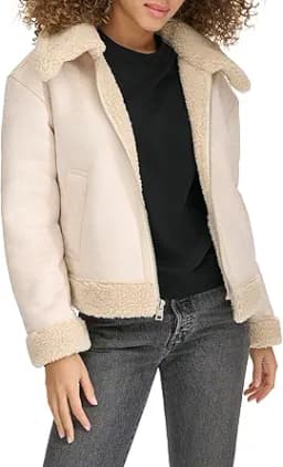 Faux Shearling Aviator Jacket (White)