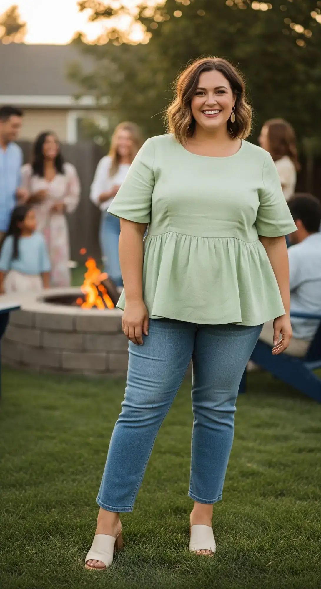 Sage Peplum Blouse + Light Wash Jeans + Nude Block Heels