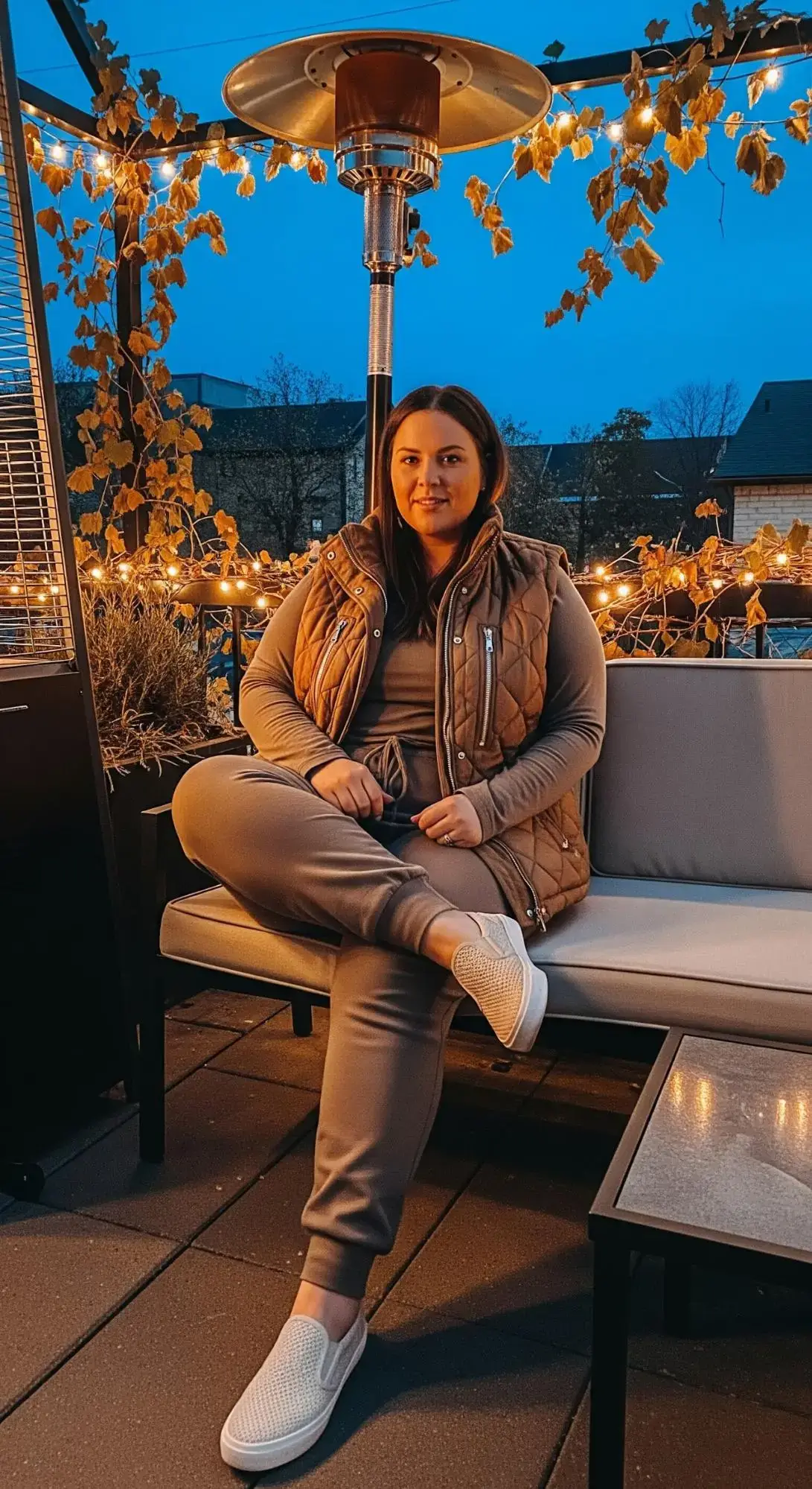 Taupe Jogger Set + Quilted Brown Vest + Slip-On Sneakers