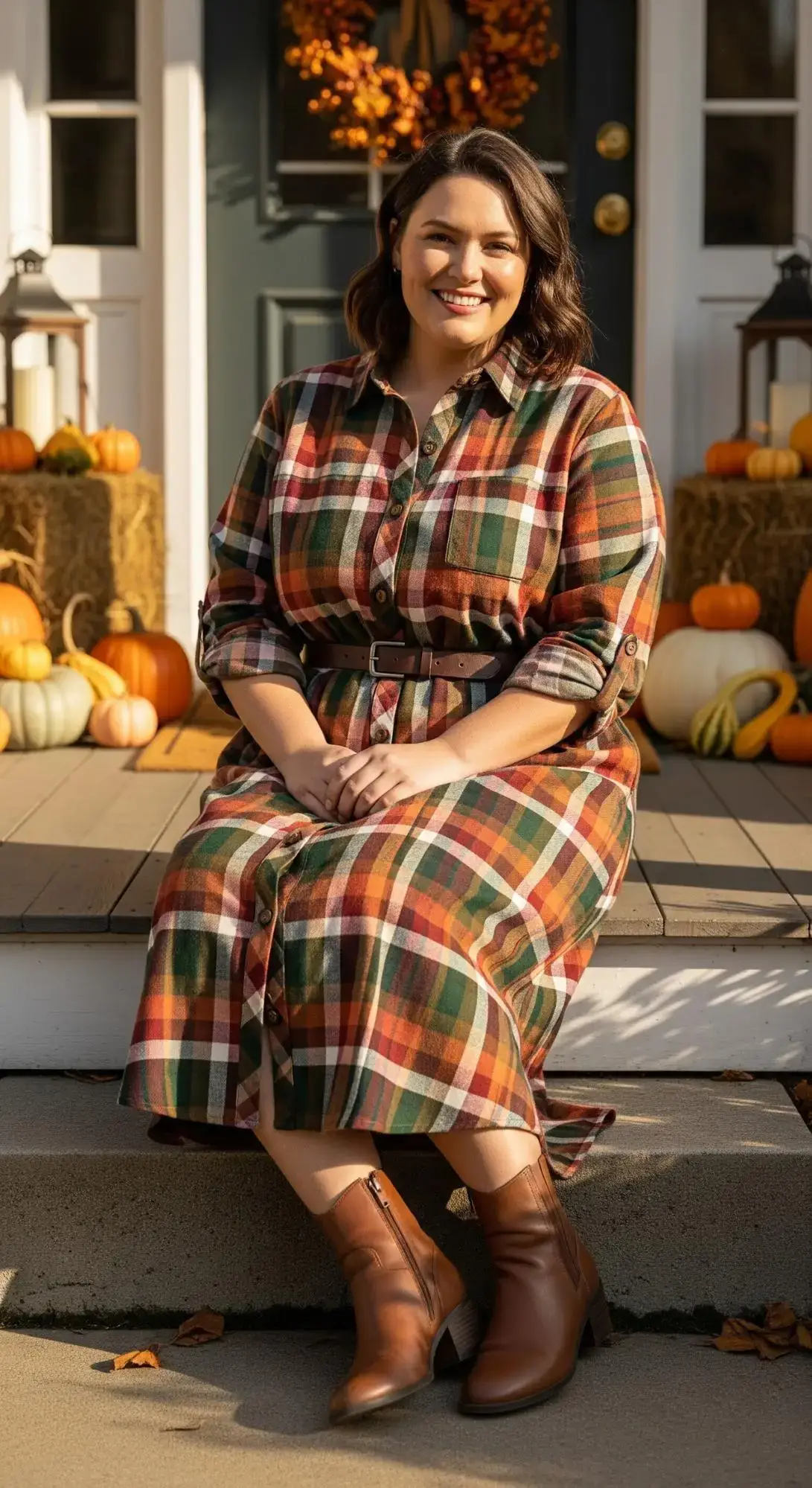 Plaid Shirt Dress + Brown Belt + Ankle Boots