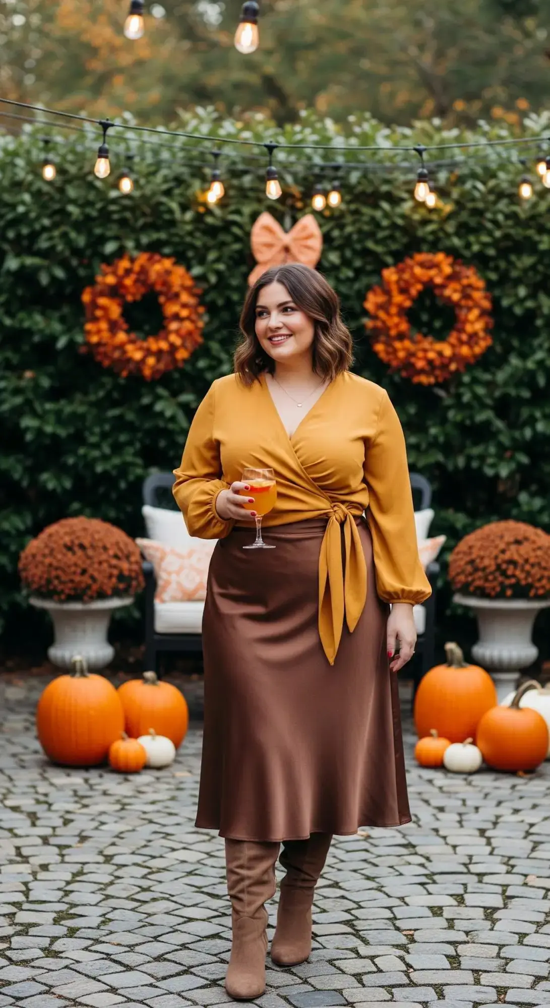 Mustard Wrap Top + Brown Satin Midi Skirt + Taupe Knee Boots