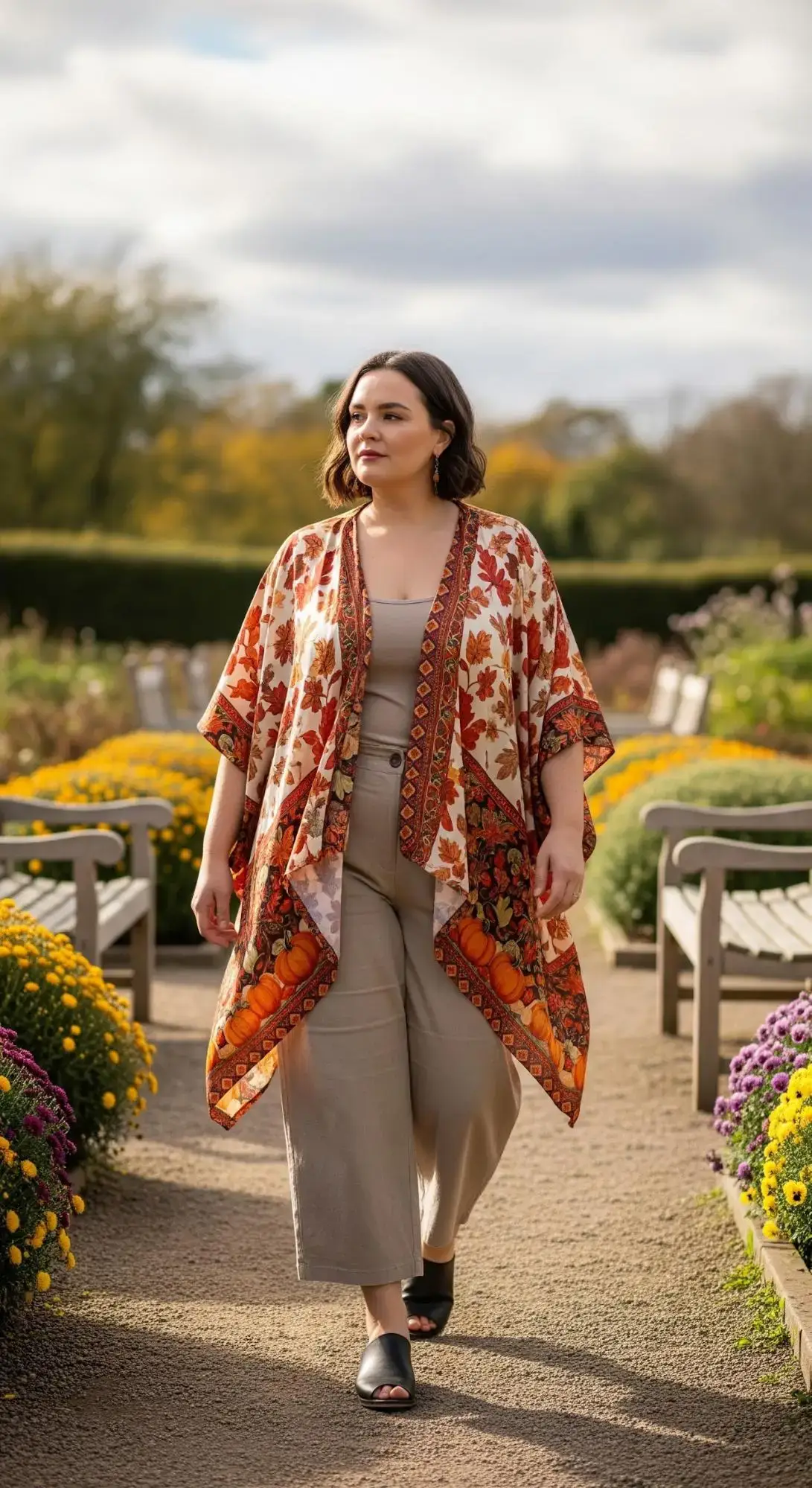 Pumpkin Print Kimono + Beige Tank Top + Wide Leg Pants + Black Slides