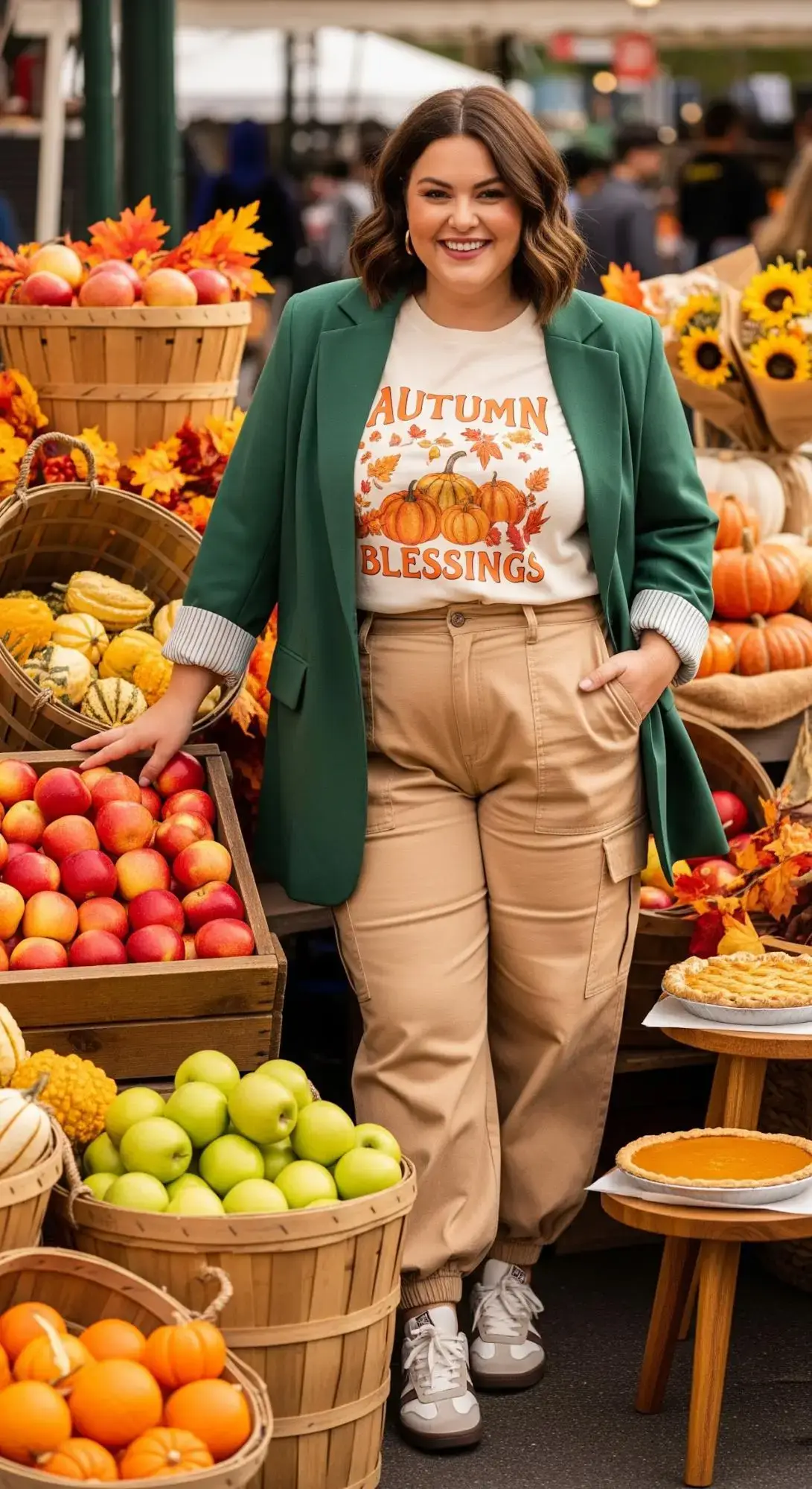 Graphic Tee + Green Blazer + Khaki Cargo Pants + Sneakers