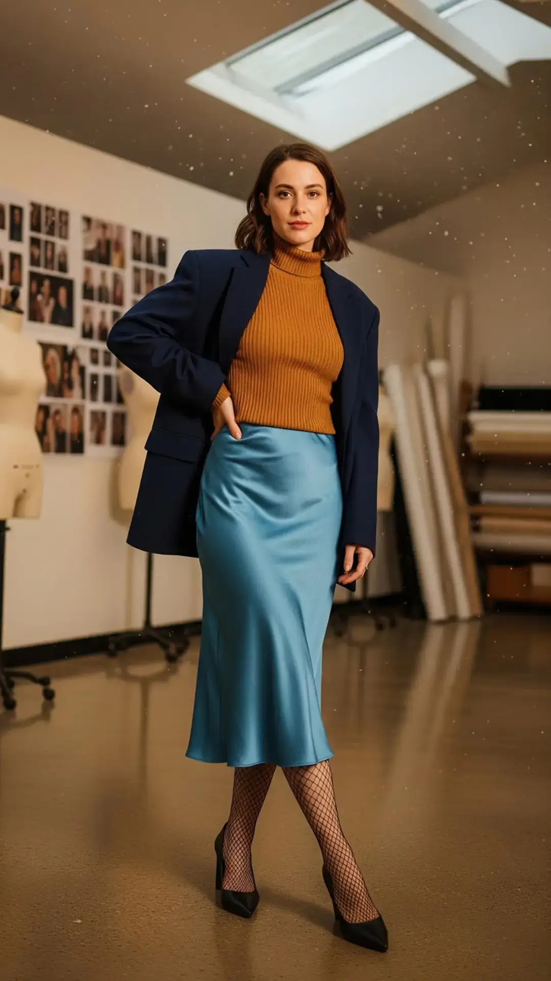 Navy Blazer + Mustard Turtleneck Sweater + Light Blue Satin Midi Skirt + Fishnet Tights + Black Pumps