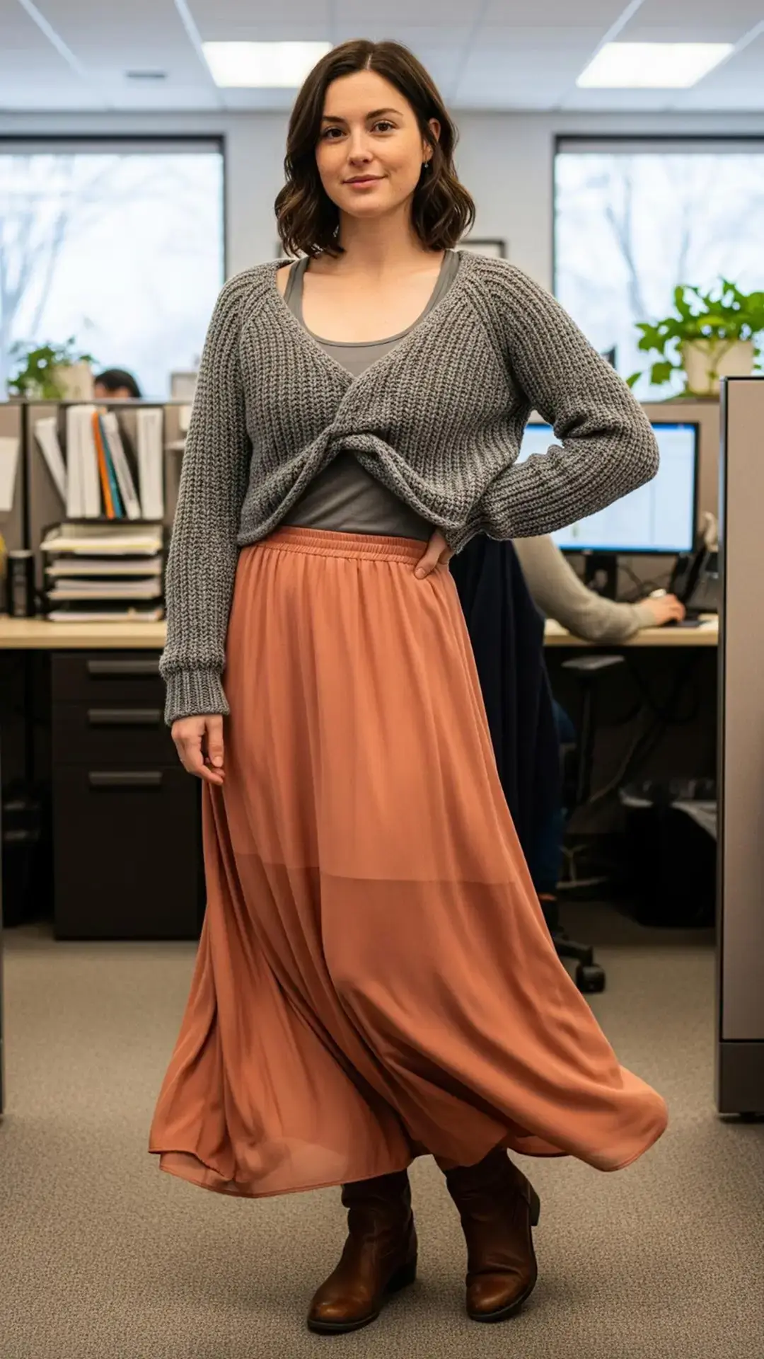 Grey Knit Sweater + Grey Tank Top + Peach Maxi Skirt + Brown Ankle Boots