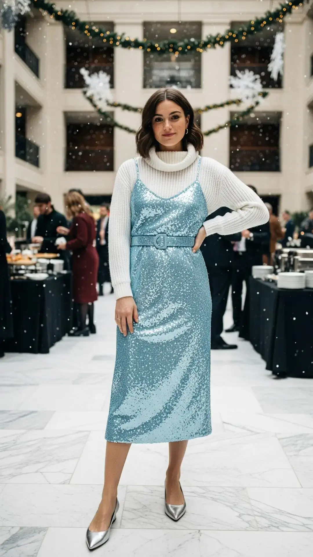 White Sweater + Blue Sequin Dress + Silver Stiletto Pumps