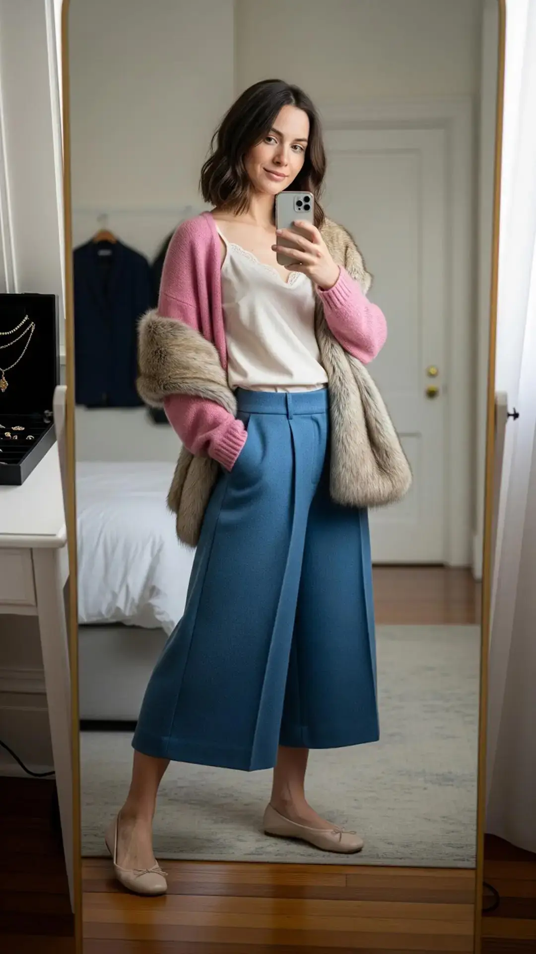 Pink Cardigan + White Lace Cami + Blue Wide-Leg Pants + Beige Flats