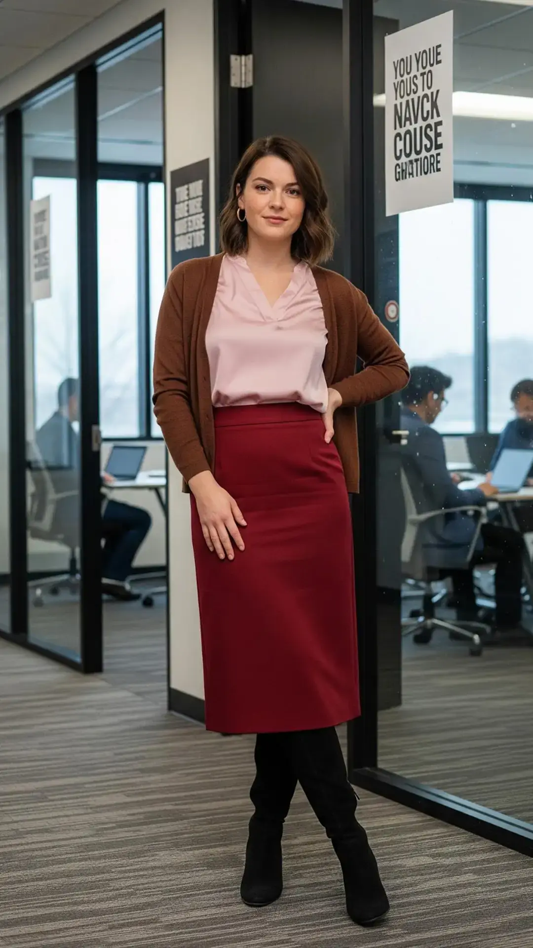 Brown Cardigan + Light Pink Blouse + Burgundy Pencil Skirt + Black Suede Boots