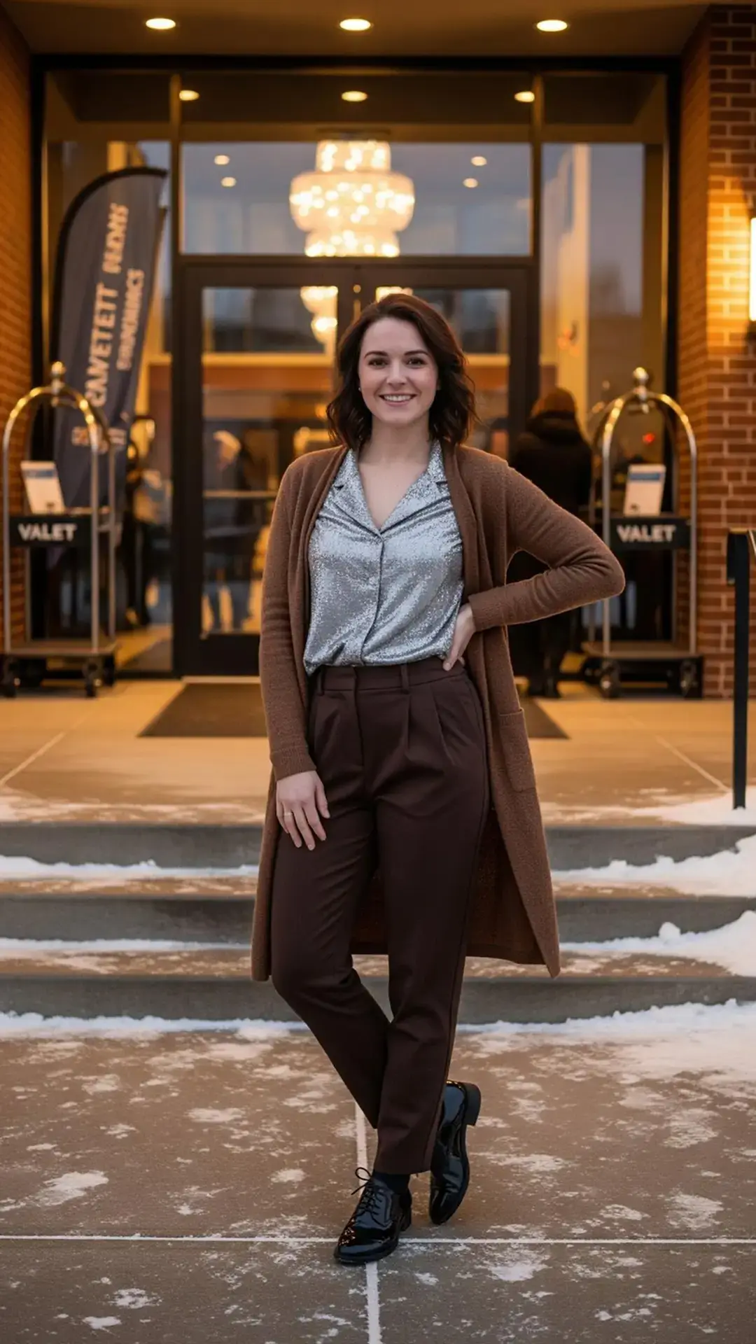 Brown Cardigan + Silver Blouse + Brown Trousers + Black Oxfords